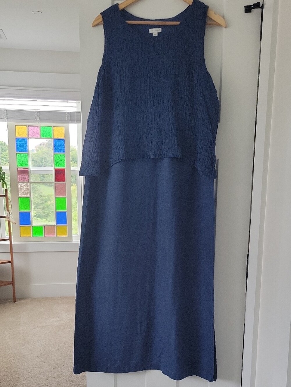 PureJill By J. Jill Navy Blue Linen Layered Maxi Dress with Side Slit
